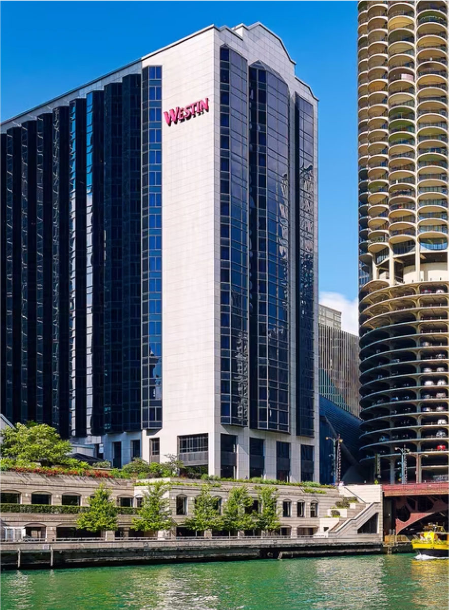 The Westin Chicago River North hotel stands on the banks of the Chicago River